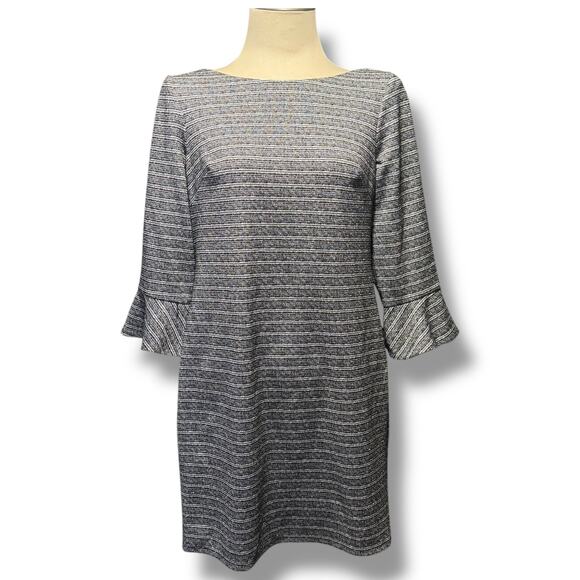 Jessica Howard Missy Stripe Ruffle Bell Sleeve Sheath Dress Black Silver 12P - Picture 1 of 7